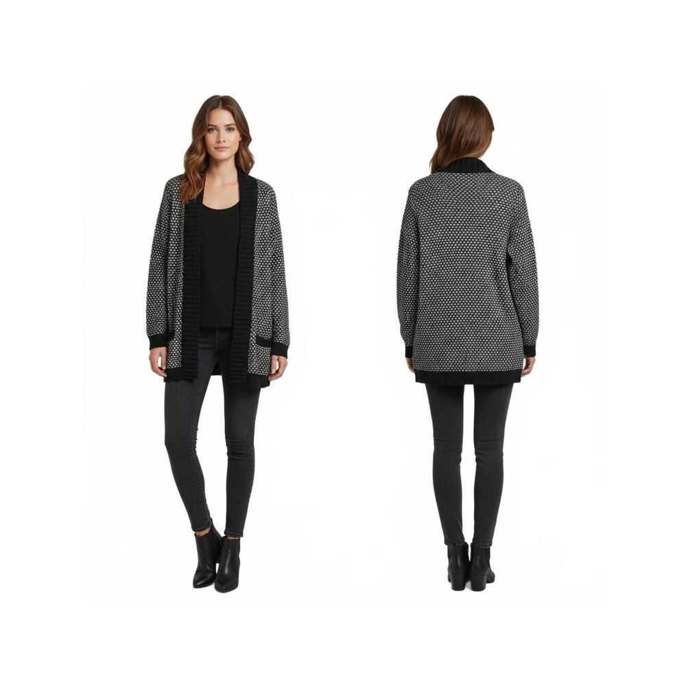 Cardigan Open Front Knit Pockets Black White Patterned Sweater